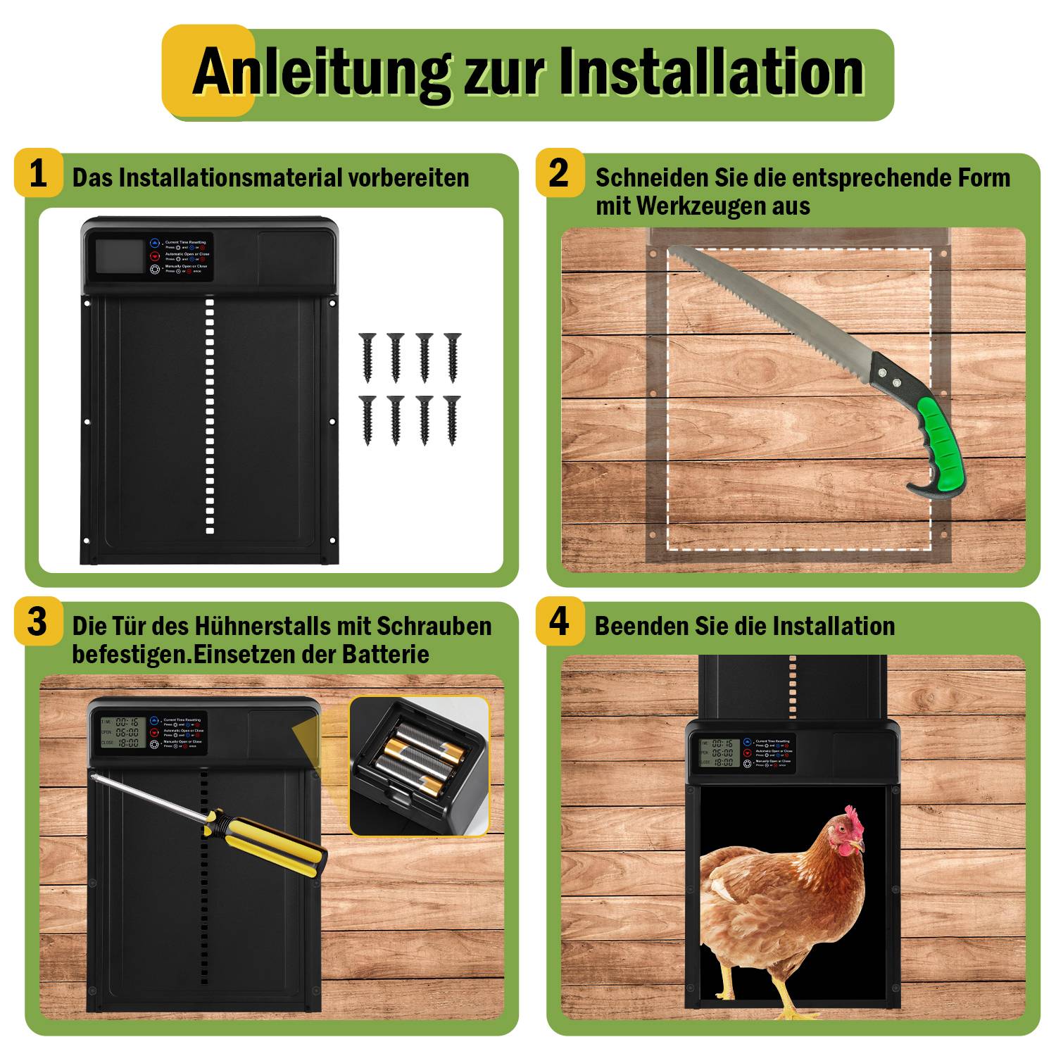 Automatische Hühnerklappe Solar mit Zeit/Handmodus, Aluminiumlegierung automatische Hühnerklappe, elektrische Hühnertür kältetauglich | LCD | IPX