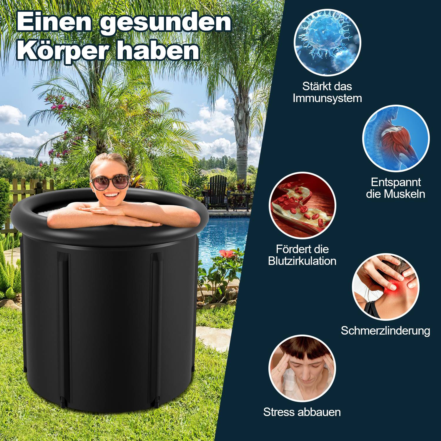 Eisbad (80 cm Ø), Eisbecken, Eisfass mit Abdeckung (Komplettset), Mit Pooldeckel, Doppelte Isolierung, Ablassvorrichtung