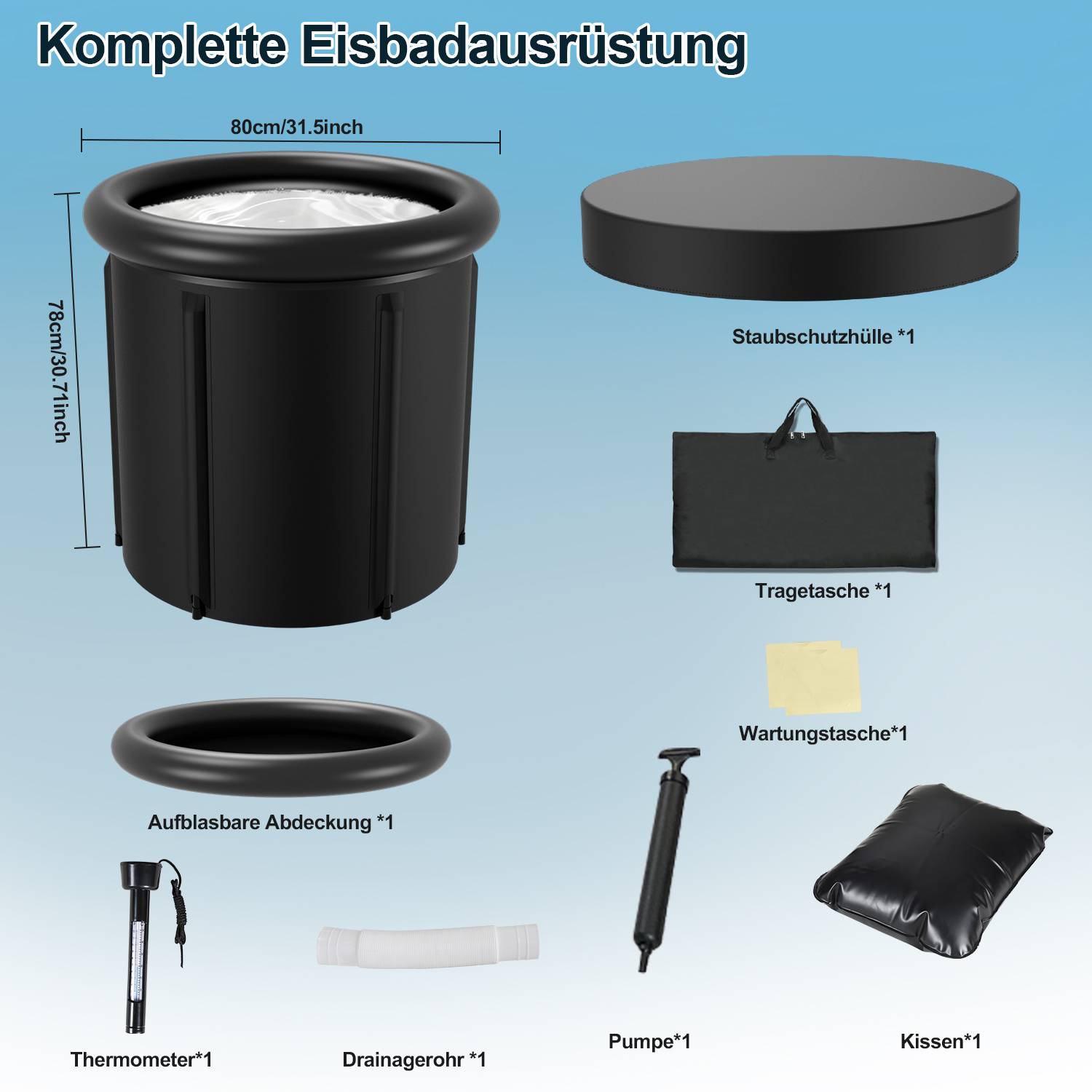 Eisbad (80 cm Ø), Eisbecken, Eisfass mit Abdeckung (Komplettset), Mit Pooldeckel, Doppelte Isolierung, Ablassvorrichtung