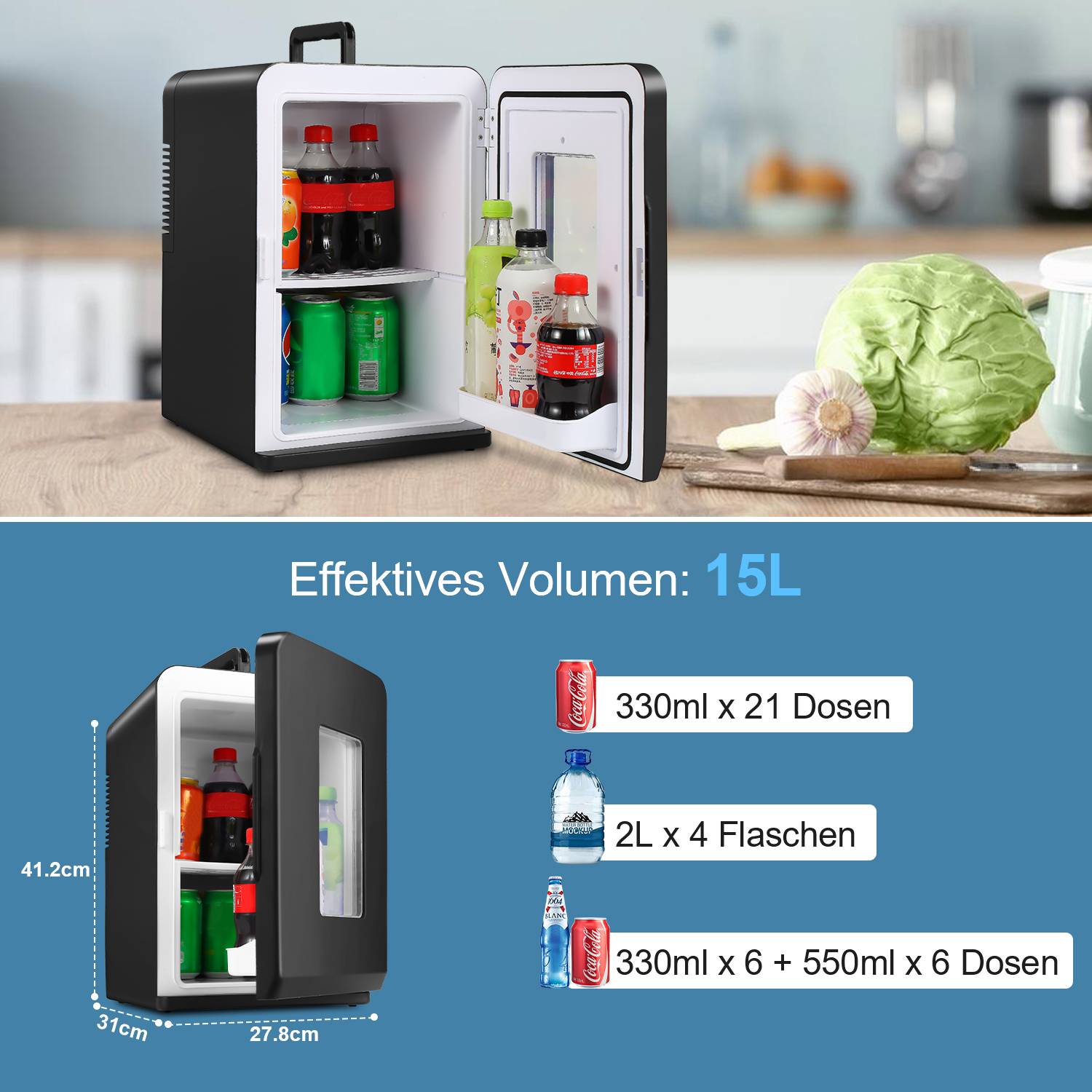 15L Mini Kühlschrank Kühlbox 2in1 Kühl und Heizfunktion Tragbarer AC DC 220-240V/12V Minibar Warmhaltebox Minikühlschrank Thermobox Auto Büros Ca