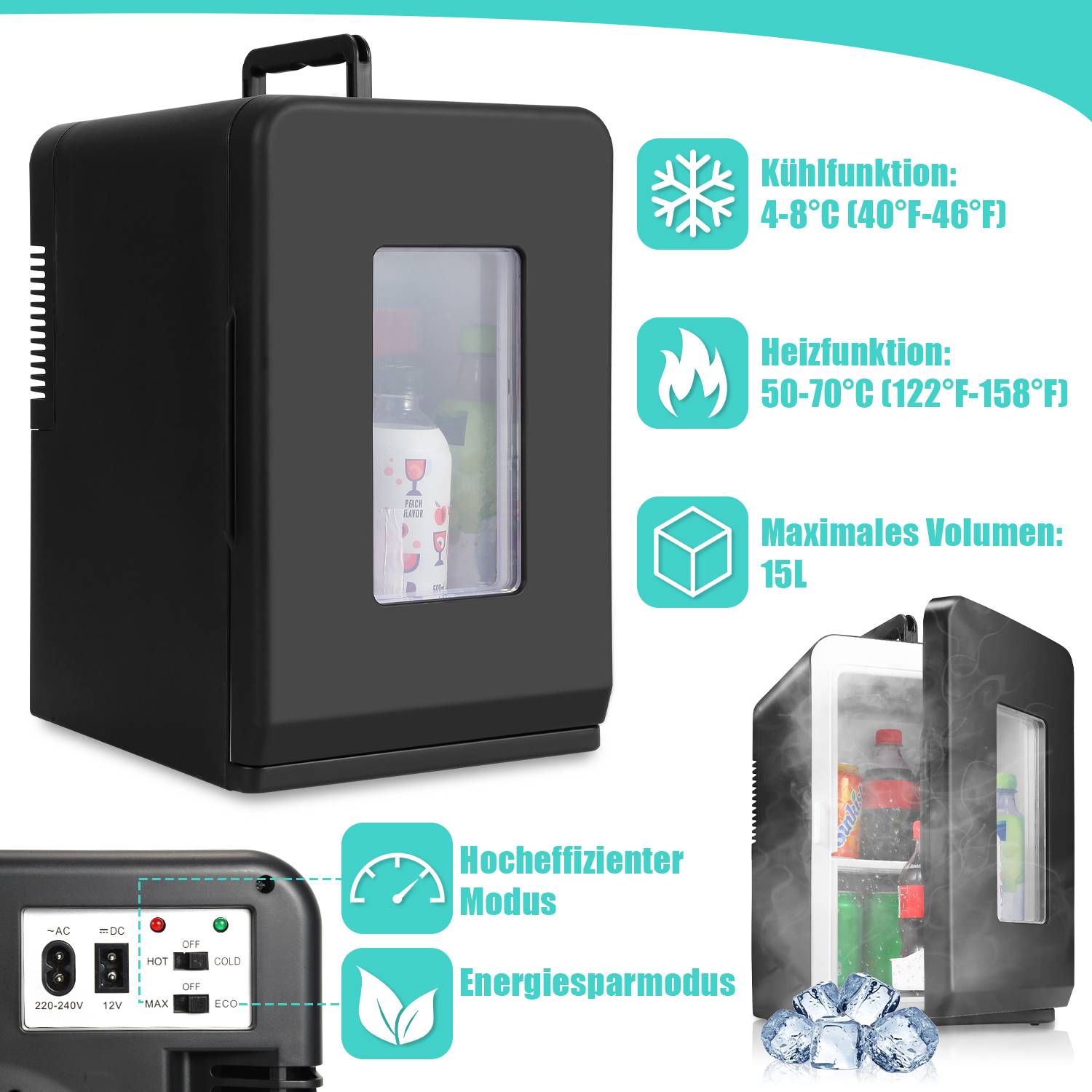 15L Mini Kühlschrank Kühlbox 2in1 Kühl und Heizfunktion Tragbarer AC DC 220-240V/12V Minibar Warmhaltebox Minikühlschrank Thermobox Auto Büros Ca