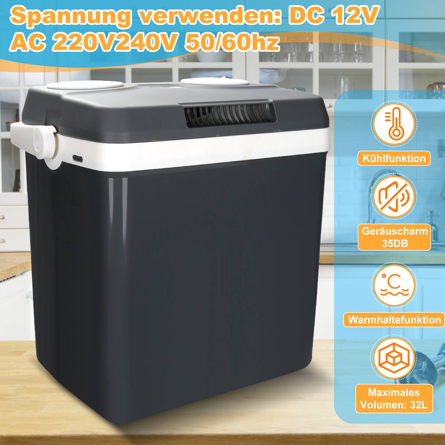 32 L Kühlbox zum Kühlen & Warmhalten, Camping Mini Kühlschrank, Thermo-elektrische Kühlbox mit ECO Modus 12/230 V für Auto und Steckdose