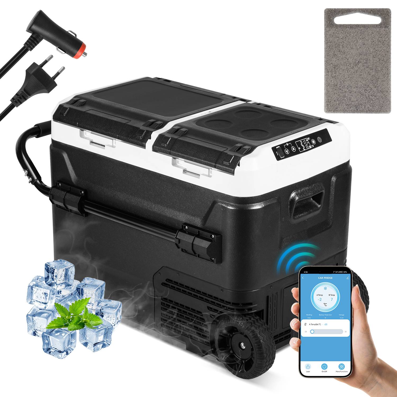 Kompressor Kühlbox 50 Liter mit Rollen, Elektrische Gefrierbox mit APP-Steuerung zum Kühlen, Kühlschrank Einfrieren & Warmhalten Kühlschrank bis