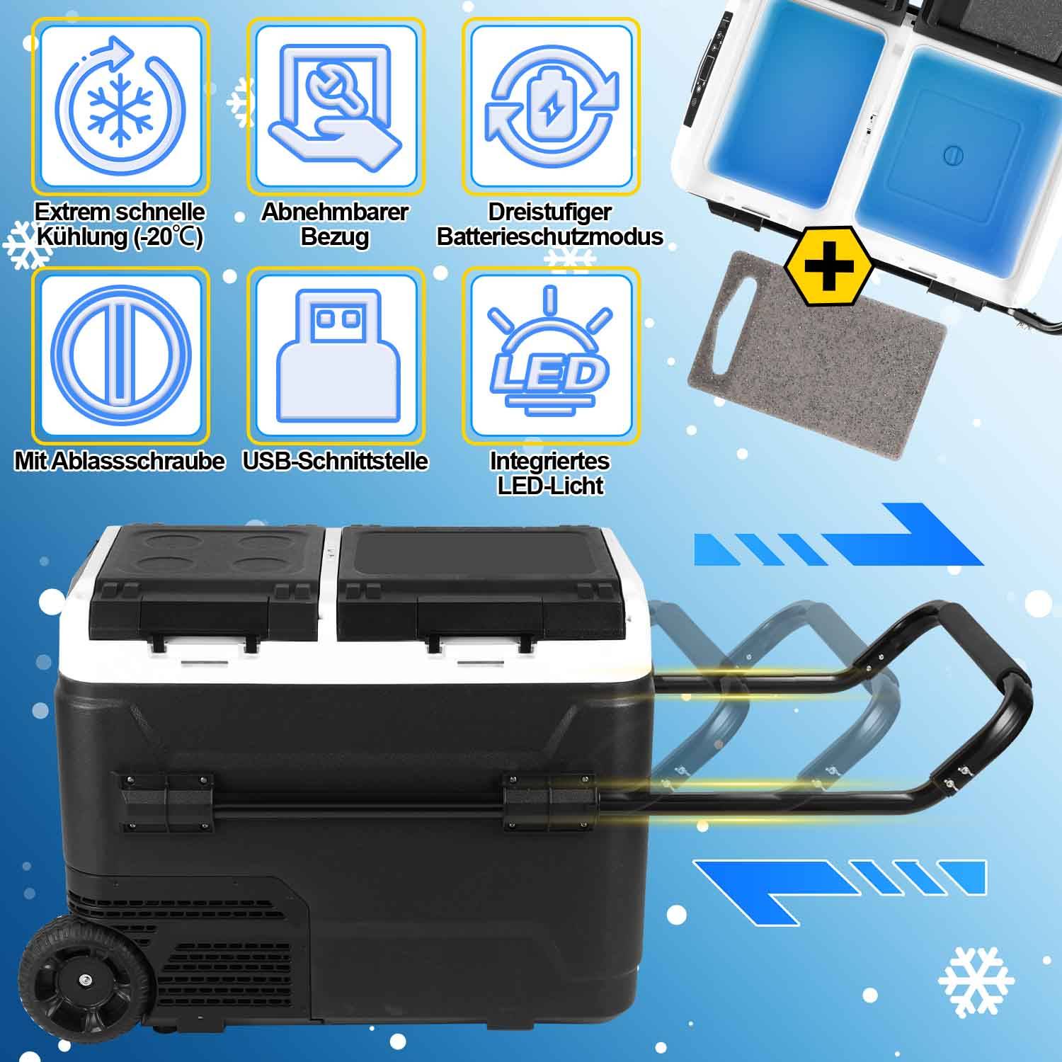 Kompressor Kühlbox 50 Liter mit Rollen, Elektrische Gefrierbox mit APP-Steuerung zum Kühlen, Kühlschrank Einfrieren & Warmhalten Kühlschrank bis