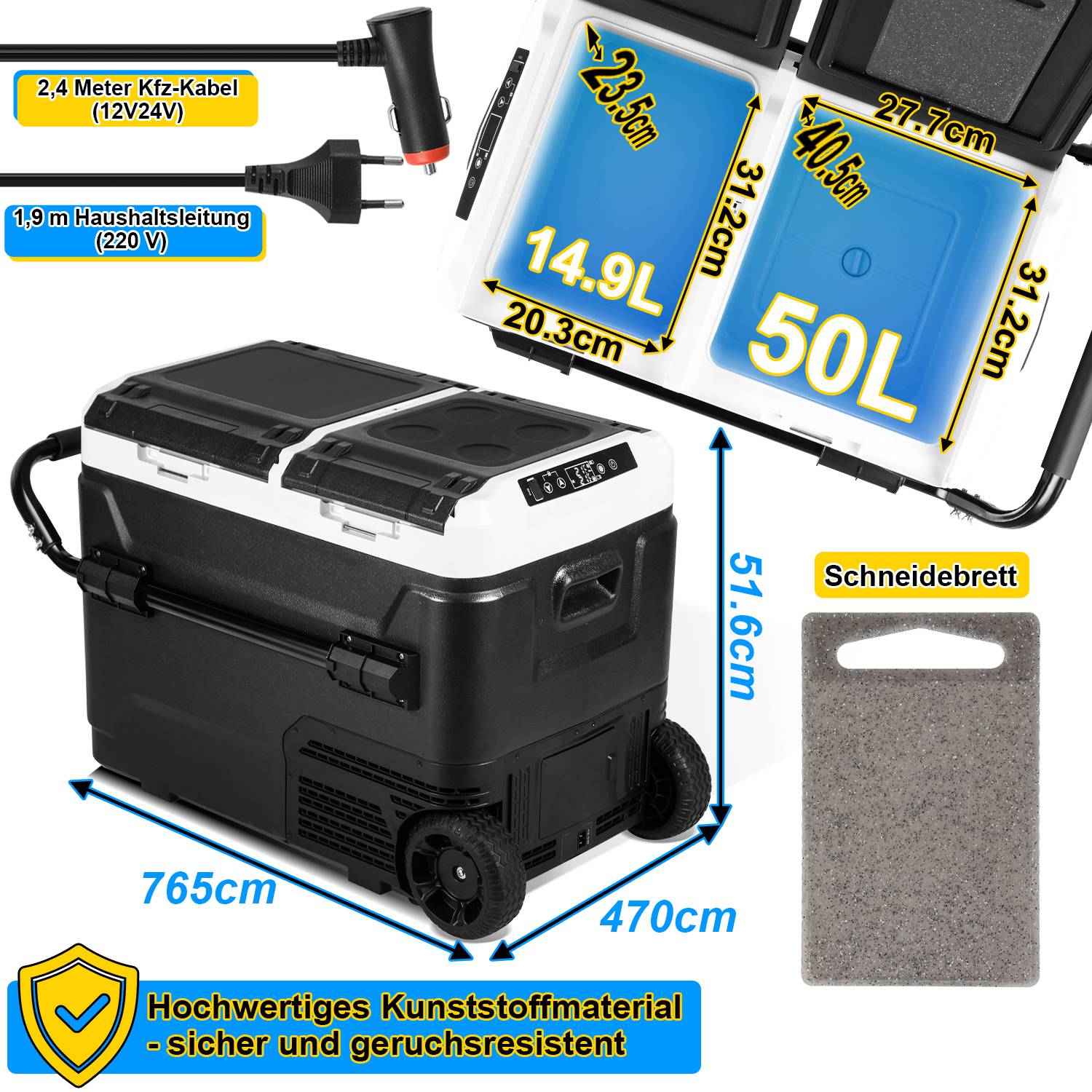 Kompressor Kühlbox 50 Liter mit Rollen, Elektrische Gefrierbox mit APP-Steuerung zum Kühlen, Kühlschrank Einfrieren & Warmhalten Kühlschrank bis