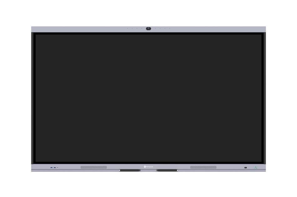 Ein großer, schwarzer interaktiver Flachbildschirm, der oben mit einer Kamera und einem Lautsprecher ausgestattet ist und für Präsentationen und Videokonferenzen konzipiert ist.