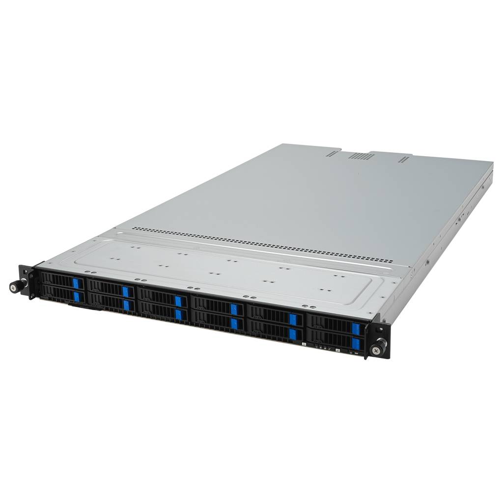 Rackmount-Servergehäuse mit vorderen Hot-Swap-Laufwerkschächten und Metalldeckel, gezeigt auf weißem Hintergrund.
