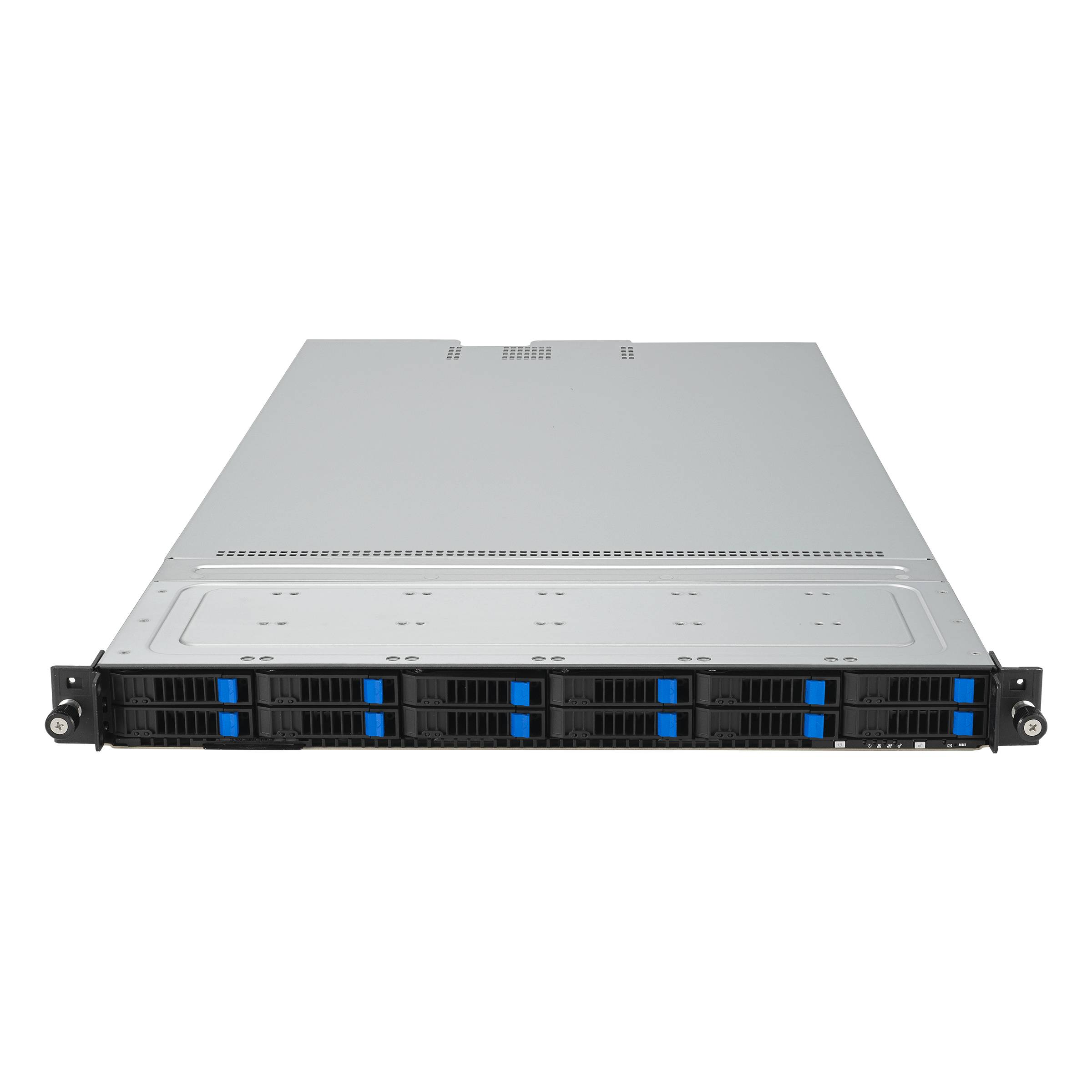 Vorderansicht eines Rackmount-Servers mit mehreren Hot-Swap-Laufwerkschächten und blauen Verriegelungsgriffen auf schwarzem Hintergrund.