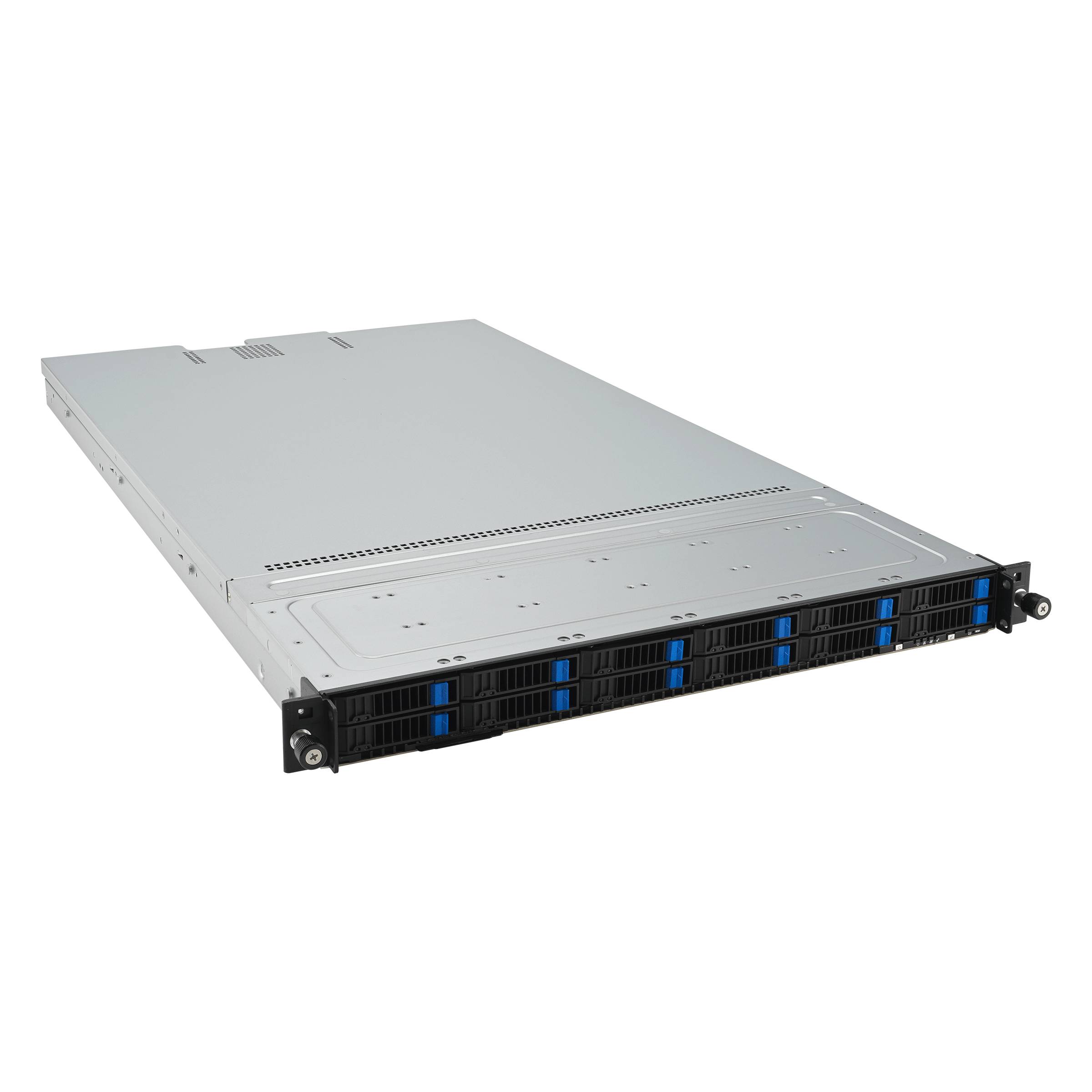 Rack-montierbare Server-Hardware mit silbernem Gehäuse und schwarzem Frontpanel mit blauen Akzenten, isoliert auf schwarzem Hintergrund dargestellt.