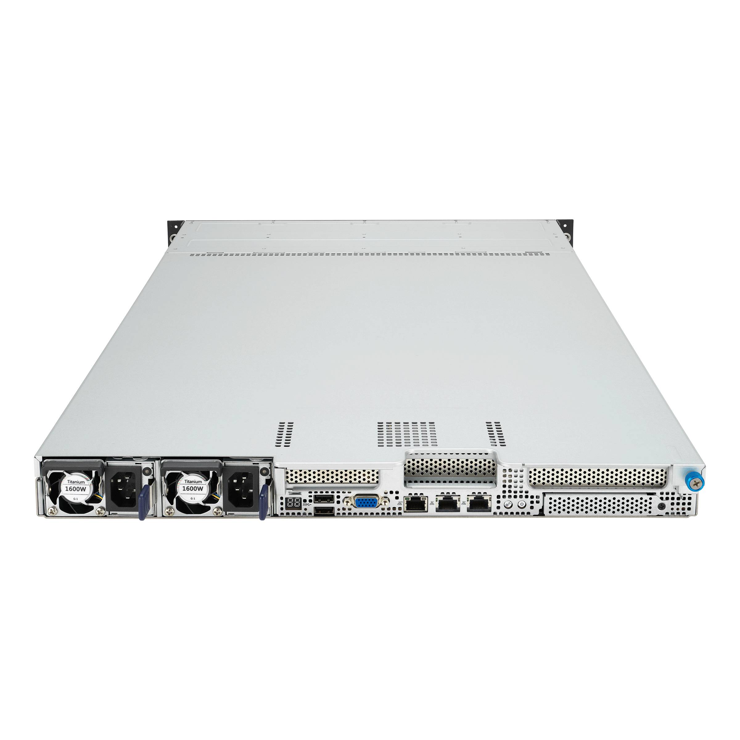 Rückansicht eines rackmontierten Server-Gehäuses mit dualen Hot-Swap-Stromversorgungen und mehreren Netzwerk- und Erweiterungsanschlüssen auf der Rückseite.