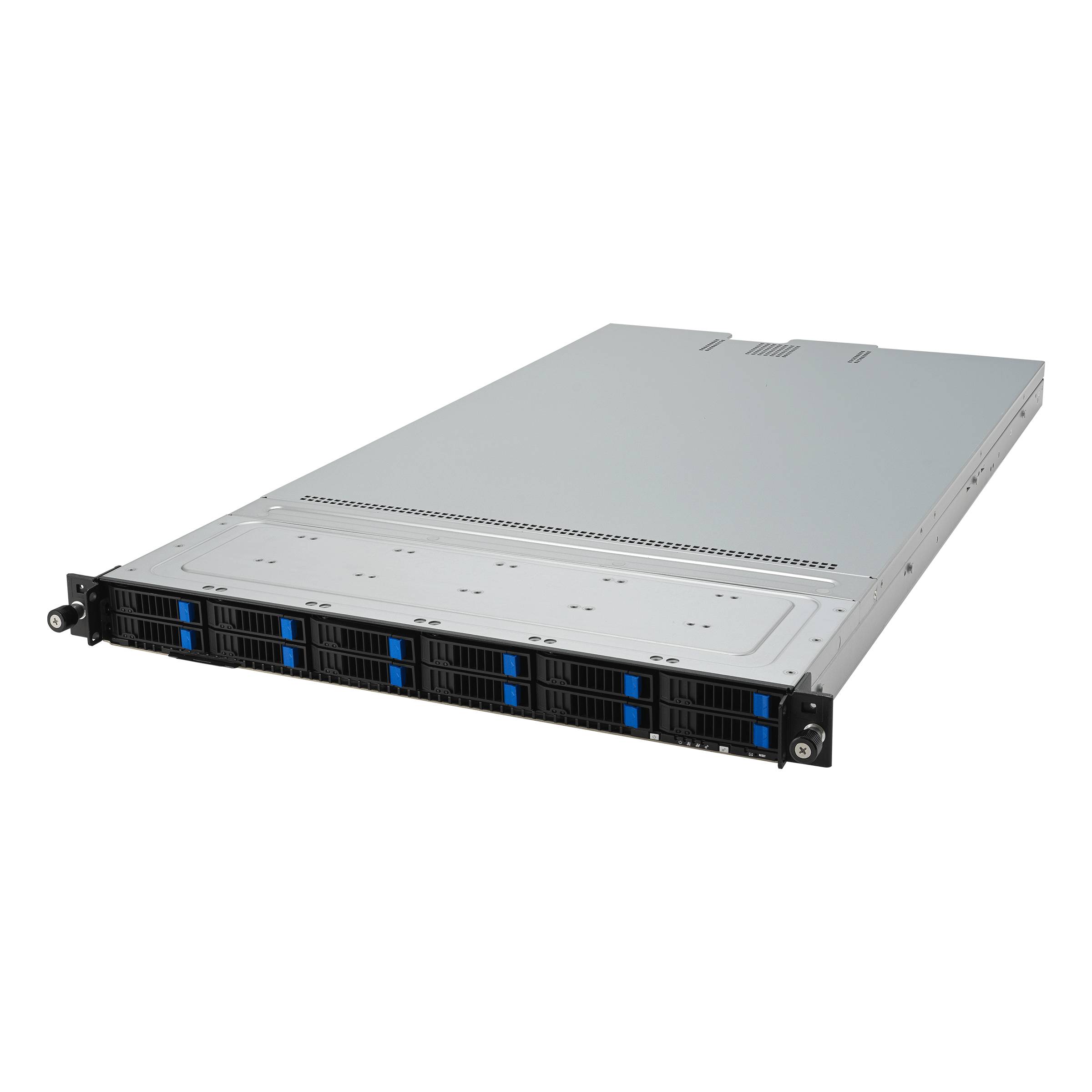 Rackmount-Server-Gehäuse mit silberner blanker Oberseite und schwarzer Frontblende mit blauen Akzenten, gezeigt auf schwarzem Hintergrund.