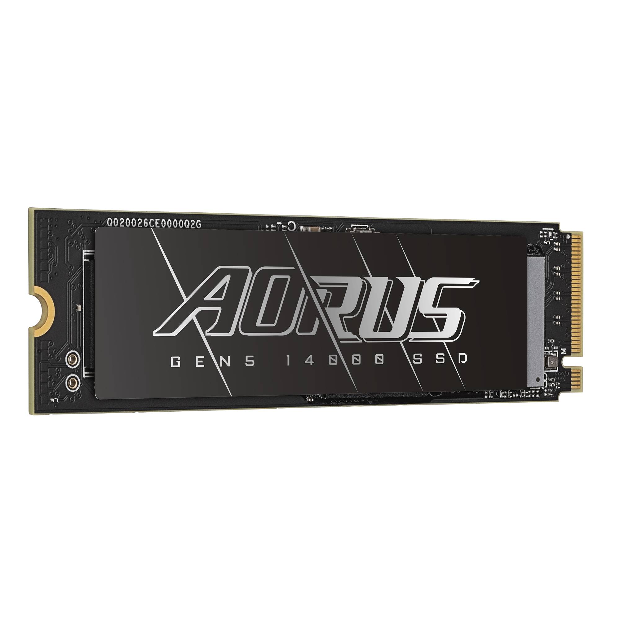 Aorus Gen5 14000 SSD-Modul horizontal auf schwarzem Hintergrund angezeigt, mit großem 