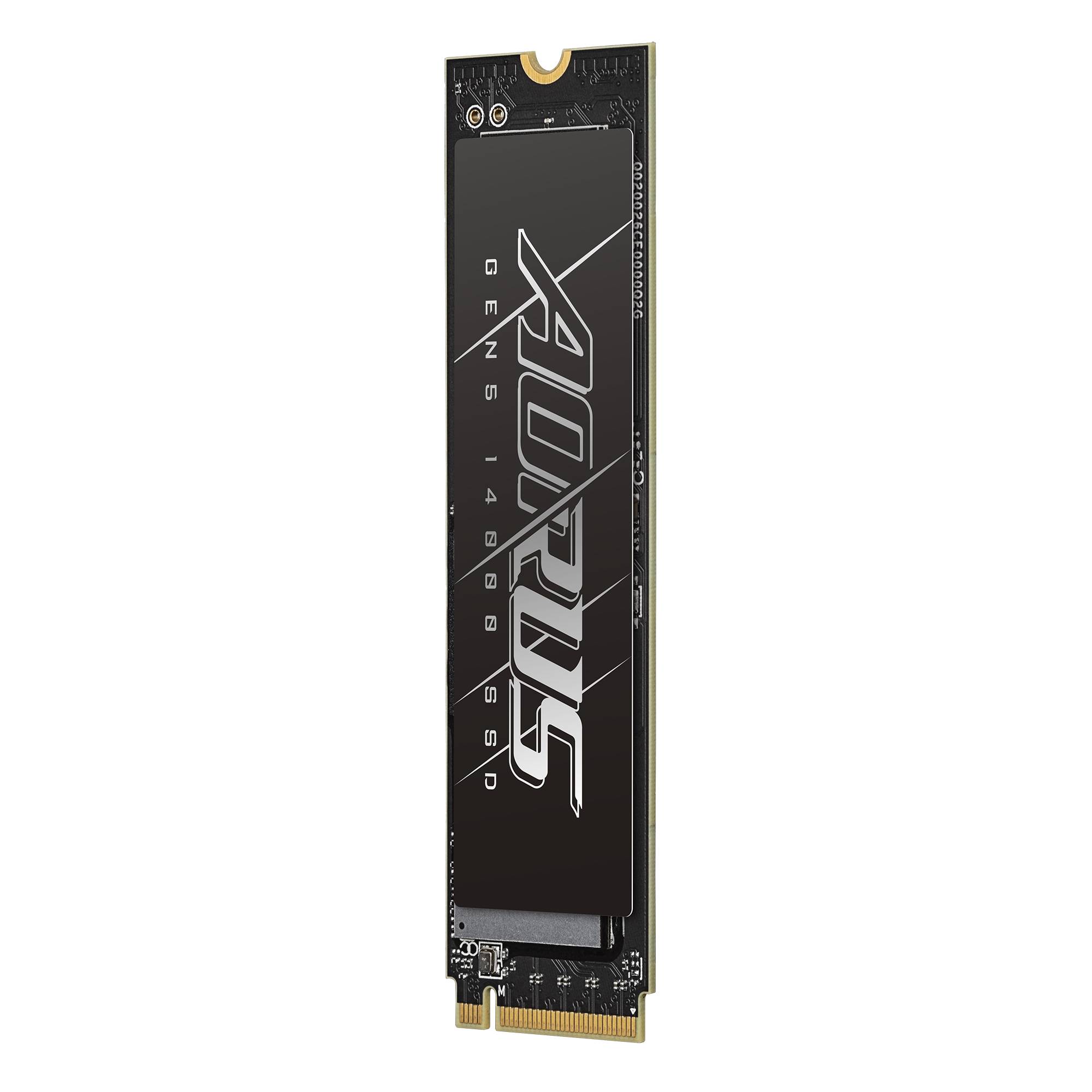 Ein AORUS Gen5 SSD M.2 Solid-State-Drive-Modul, vertikal auf schwarzem Hintergrund gezeigt.