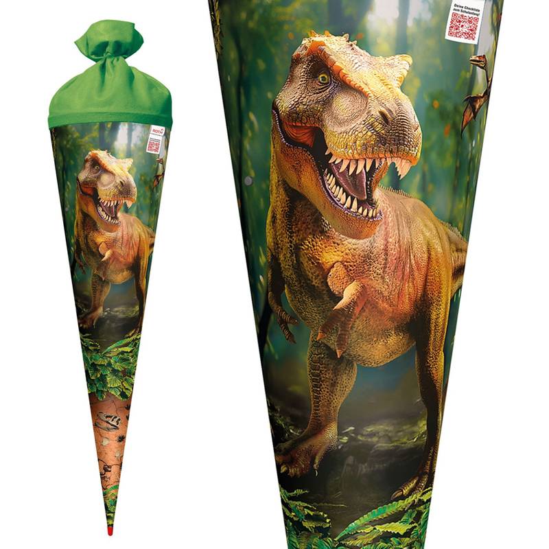 Ein lebendiger dinosaurierthematischer Kegel mit einem detaillierten Bild eines wilden T-Rex, der in einer üppigen, grünen Dschungelumgebung steht.