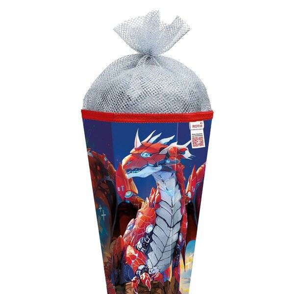 Schultüte Robo Drache - eckig 85 cm mit Tüllverschluss Folie Silbertüll