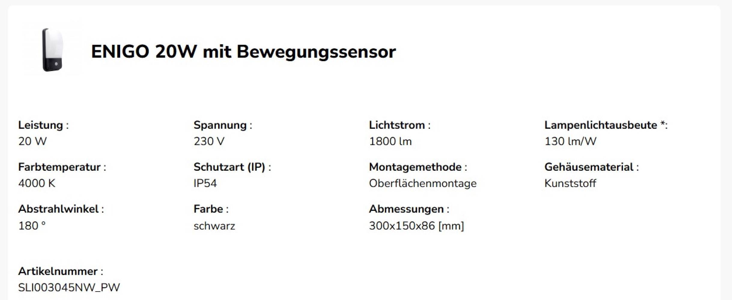 Spectrum LED ENIGO LED PIR 20W Wandleuchte 180° außenleuchte 2600lm schwarz IP54 mit sensor Neutralweiß 4000K