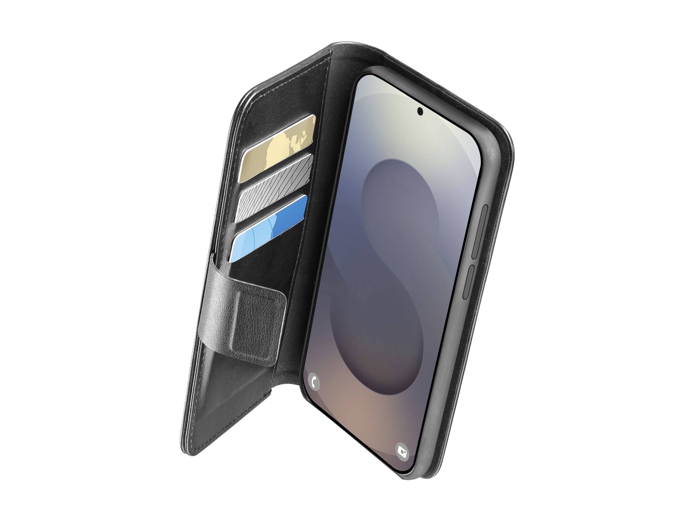 Ein Smartphone in einem schwarzen Etui mit offenen Kartenfächern, in denen drei Karten stecken. Auf dem Telefonbildschirm ist ein einfaches, abstraktes 'S'-Design zu sehen.