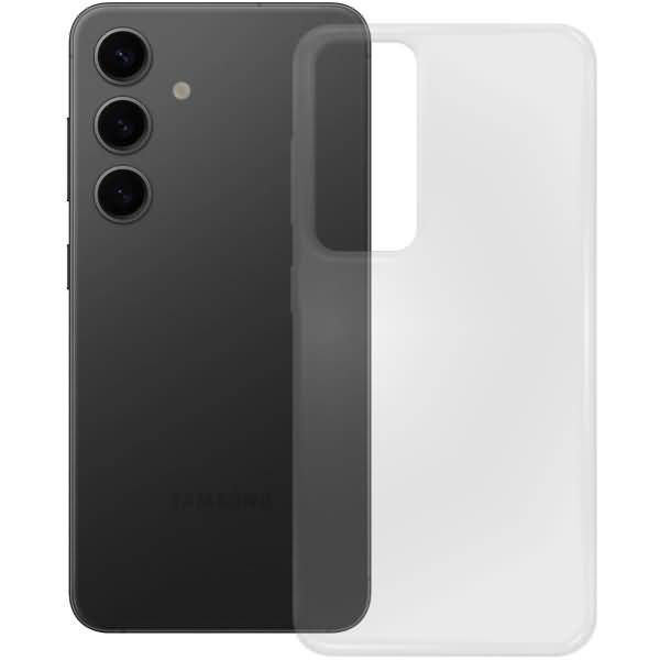 Schwarzes Smartphone mit dreifacher Rückkamera, das neben einer transparenten Schutzhülle abgebildet ist und die Passform der Hülle sowie den Kameraausschnitt zeigt.