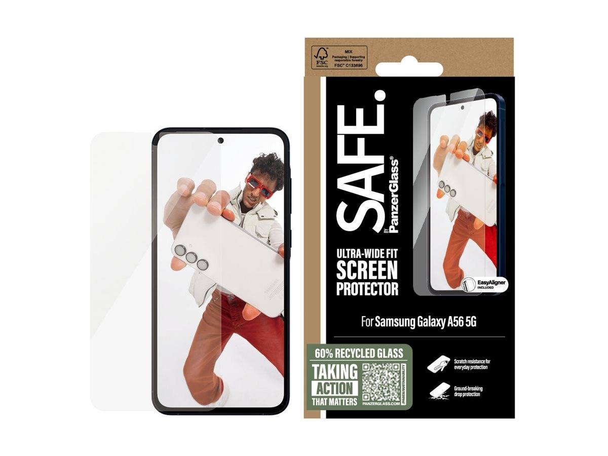 SAFE PanzerGlass Ultra-Wide Fit Displayschutz für Samsung Galaxy A56 5G. Verpackung zeigt einen Mann, der ein großes Smartphone hält.