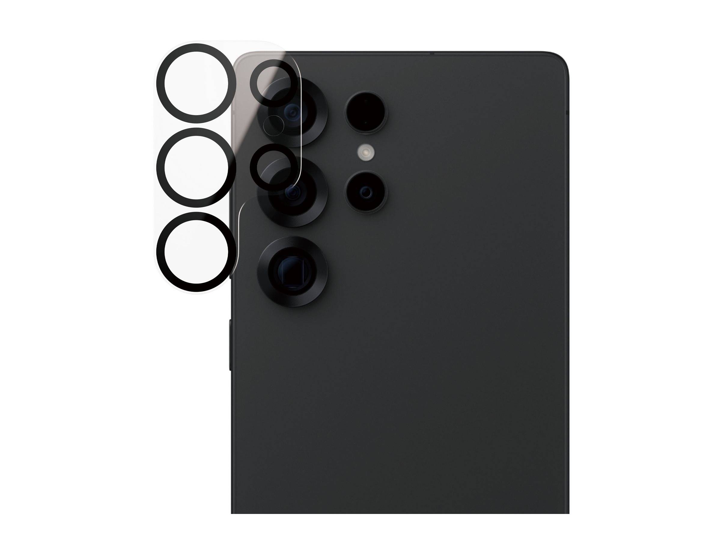 Ein schwarzes Smartphone mit mehreren Rückkameralinsen, wobei eine separate transparente Überlagerung jede Linse hervorhebt.