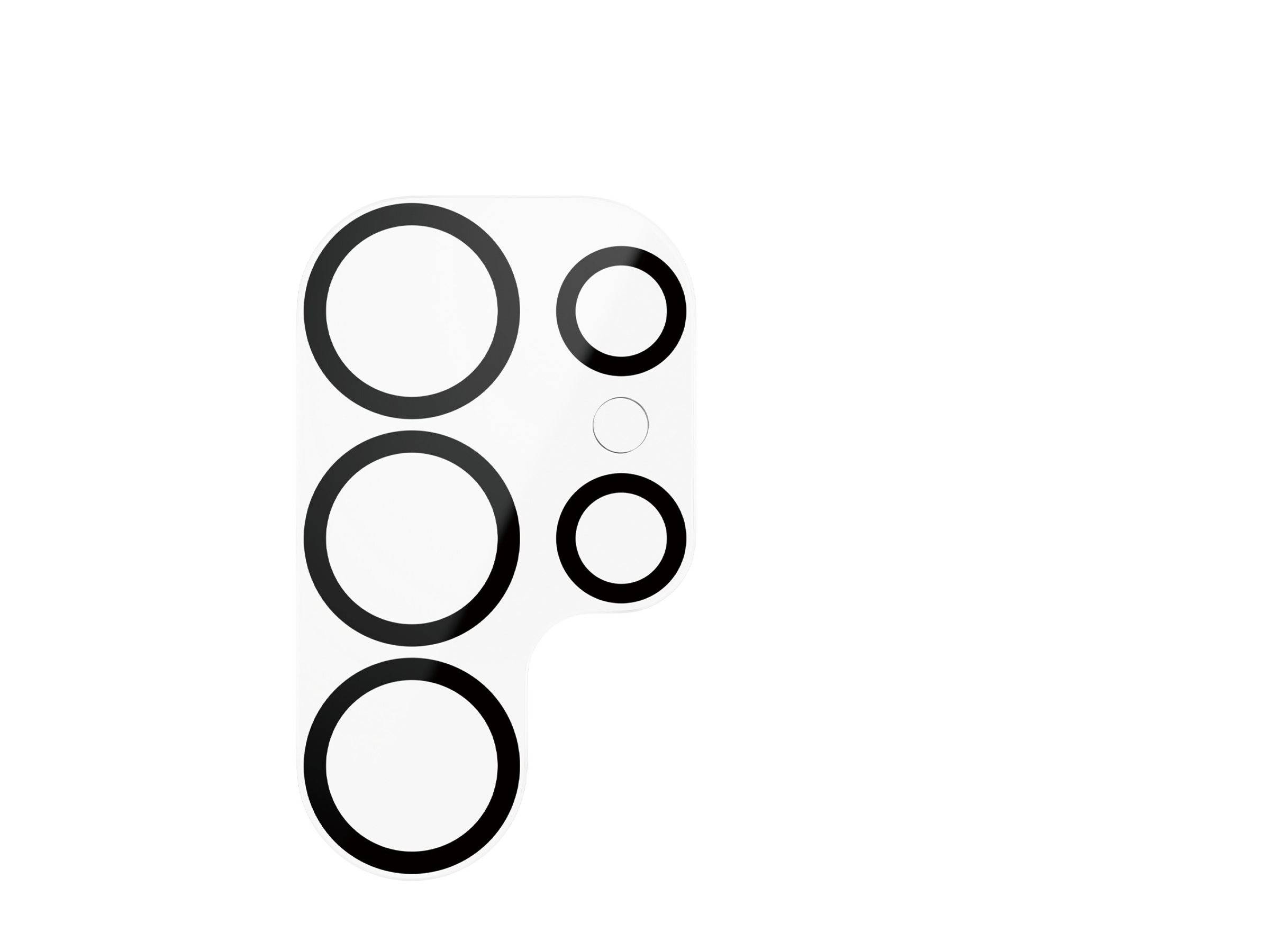 Ein Kamera-Objektivschutz für Smartphones mit vier Aussparungen für verschiedene Objektive, der speziell entwickelt wurde, um über das Kameramodul des Smartphones zu passen.