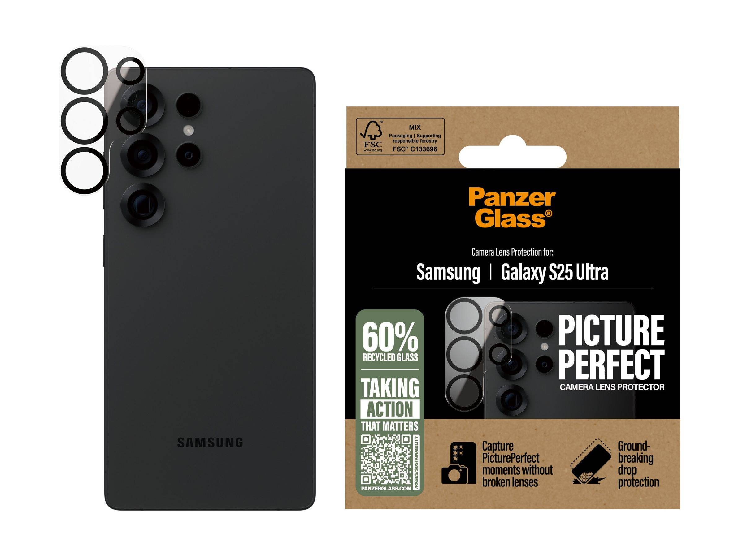 Samsung-Smartphone neben einer PanzerGlass-Kameraobjektiv-Schutzverpackung für das Galaxy S23 Ultra; bewirbt 60% recyceltes Glas und Kameraprotection.