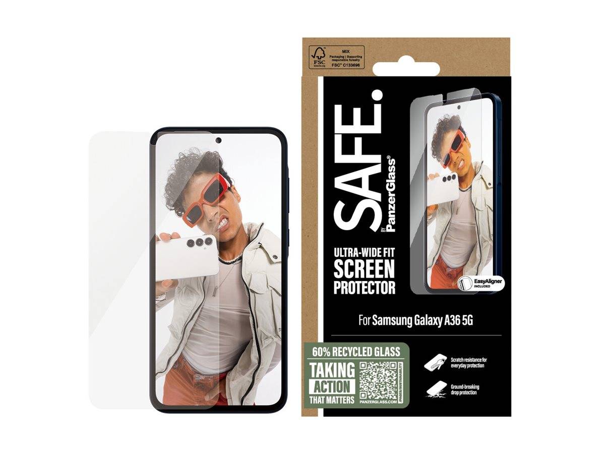 SAFE. Panzerglas-Displayschutz für Samsung Galaxy A36 5G. 60% recyceltes Glas. Ultrabreiter Sitz. Handeln, das einen Unterschied macht.