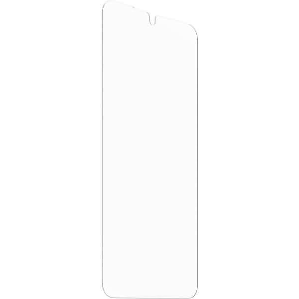 Displayschutzfolie für Smartphone mit weißem Bildschirm und kleiner oberer Aussparung, vor einem einfachen weißen Hintergrund gezeigt.