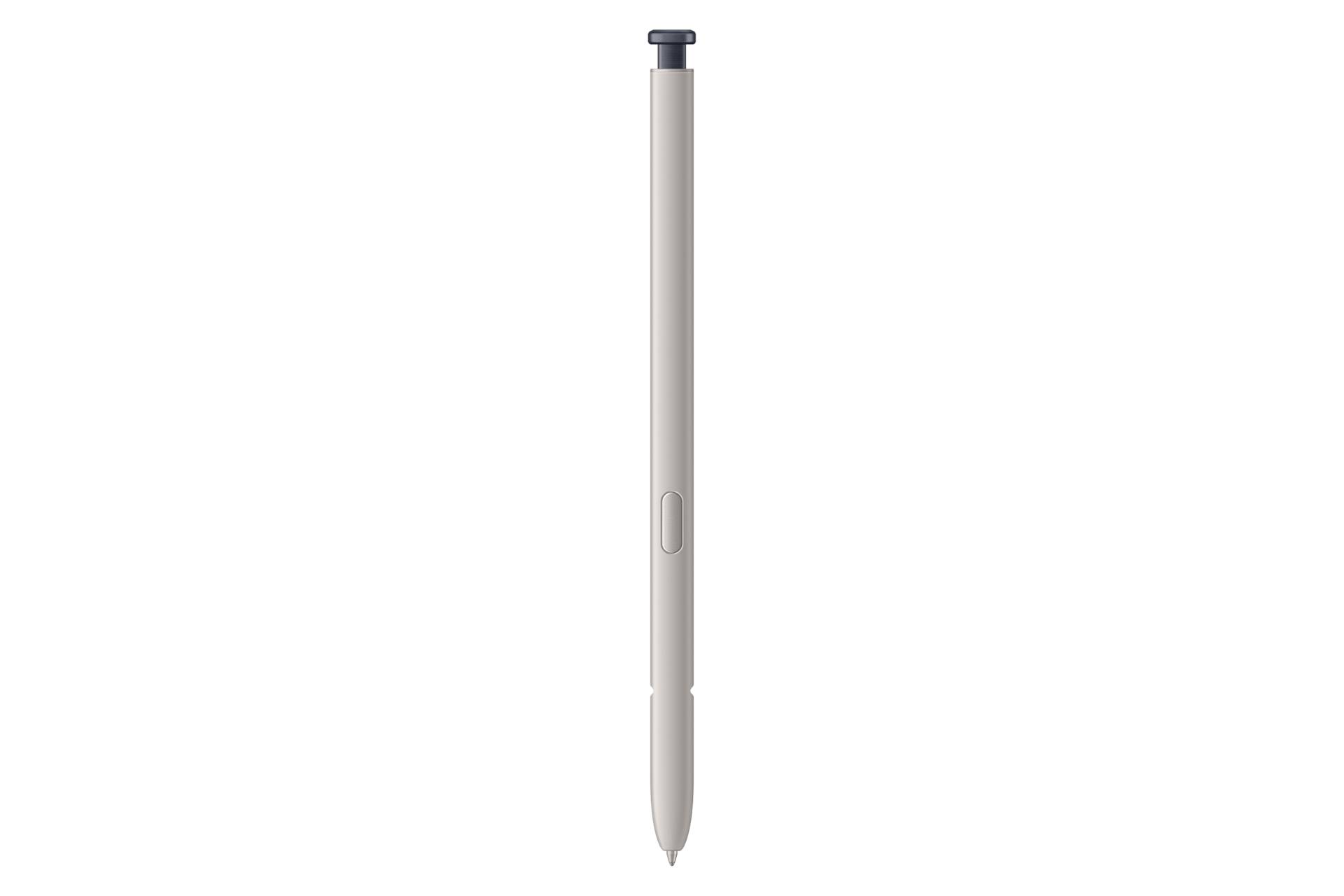 Ein weißer Stylus-Stift, zentriert auf schwarzem Hintergrund, vertikal dargestellt mit spitzer Spitze und flacher Oberseite.