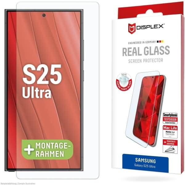 Verpackung für einen Displex echten Glasbildschirmschutz für Samsung Galaxy S25 Ultra, mit dem Telefon und dem enthaltenen Montagerahmen.