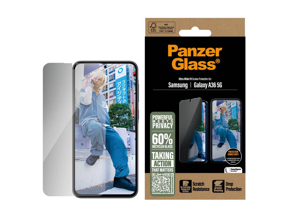 Panzerglas Displayschutz für Samsung Galaxy A36 5G, zeigt ein Telefon mit einem Schutzglas und Funktionen wie Kratzfestigkeit.