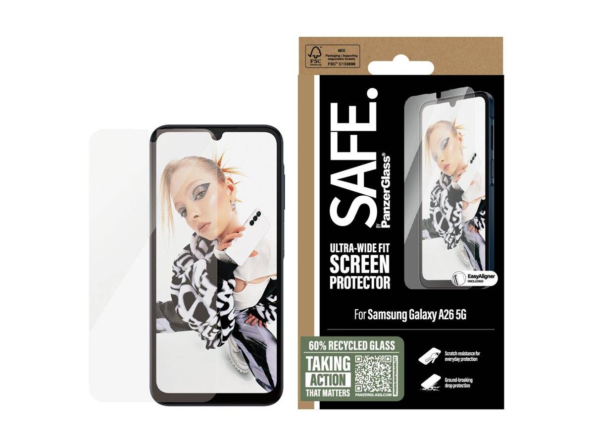 SICHER. ULTRA-BREITER PASSGENAUER DISPLAYSCHUTZ' für Samsung Galaxy A26 5G Verpackung. Mit 60% recyceltem Glas und einem Bild eines Smartphones mit aufgebrachtem Displayschutz.
