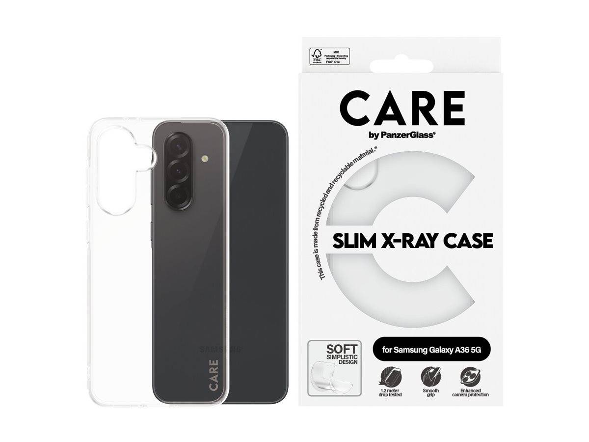 Ein durchsichtiger Handyhülle für das Samsung Galaxy A34 5G wird neben seiner Verpackung gezeigt, beschriftet mit 'CARE Slim X-Ray Case'.