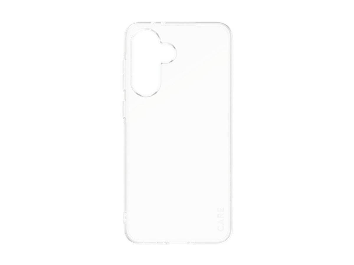 Eine transparente Handyhülle, die für ein Smartphone mit vertikaler Kameraausschnitt konzipiert ist.