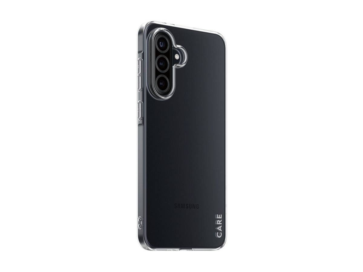 Eine transparente Handyhülle auf einem Samsung-Smartphone, die die Kamera und Seitenknöpfe hervorhebt, mit der CARE-Markenbezeichnung am unteren Rand.