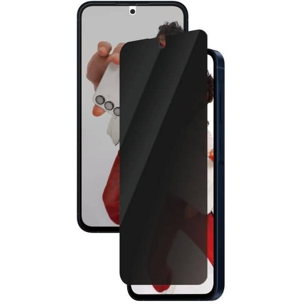 Zwei Smartphones überlappen sich, wobei eine glänzende schwarze Displayschutzfolie oder ein Displaypanel die Vorderseite eines Telefons abdeckt.