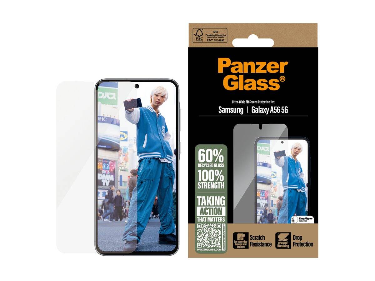 PanzerGlass Displayschutz für Samsung Galaxy A56 5G, mit einem Telefon auf dem Bildschirm, auf dem eine Person in blauer Kleidung zu sehen ist. 60% recyceltes Glas.