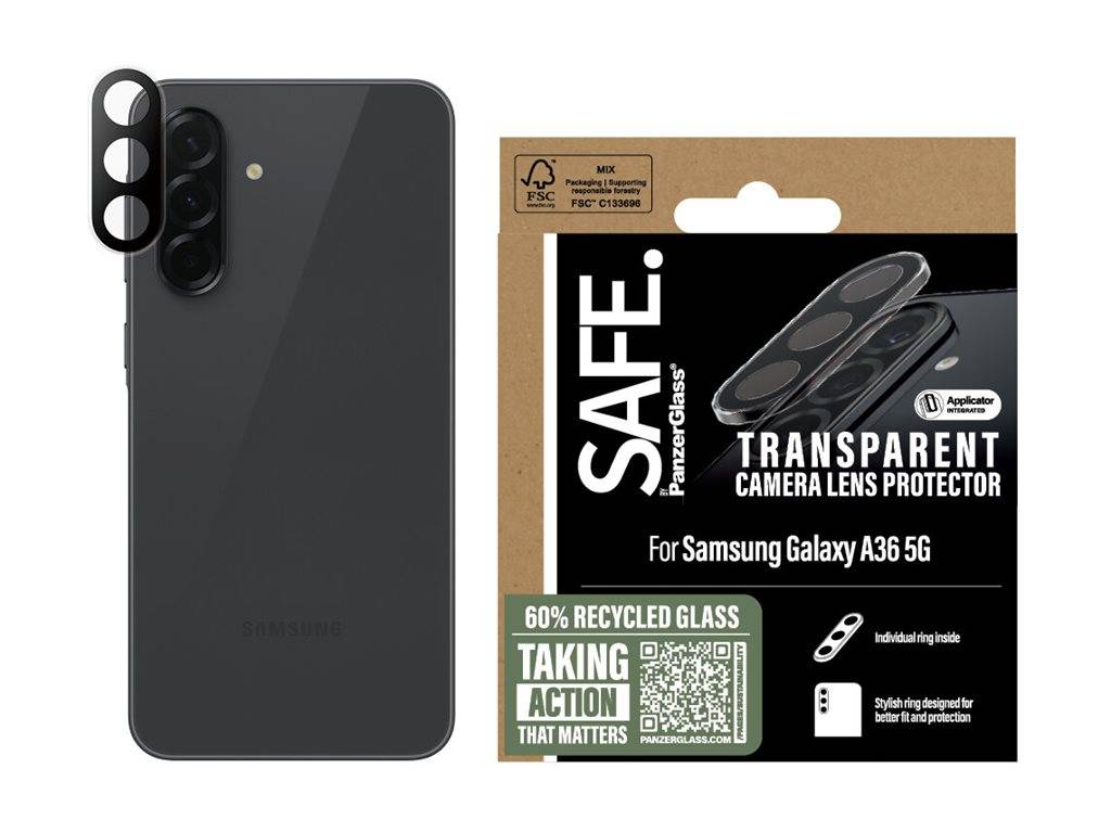 PanzerGlass transparenter Kameraobjektiv-Schutz für Samsung Galaxy A36 5G, mit Werbung für 60% recyceltes Glas, neben Telefonbild.