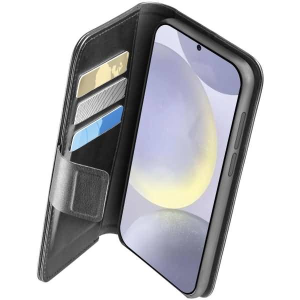 Schwarze Klapptasche für Smartphones mit Kartenfächern, aufgeklappt um ein Smartphone herum.