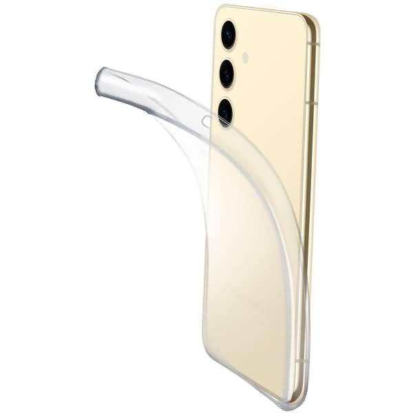 Transparente, flexible Handyhülle, teilweise um ein goldenes Smartphone mit drei rückwärtigen Kameras auf weißem Hintergrund gewickelt.