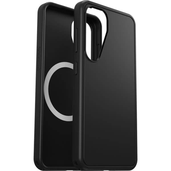 Schwarze Smartphone-Hülle mit integriertem kreisförmigem Magnetring auf der Rückseite, von vorne und hinten vor weißem Hintergrund gezeigt.