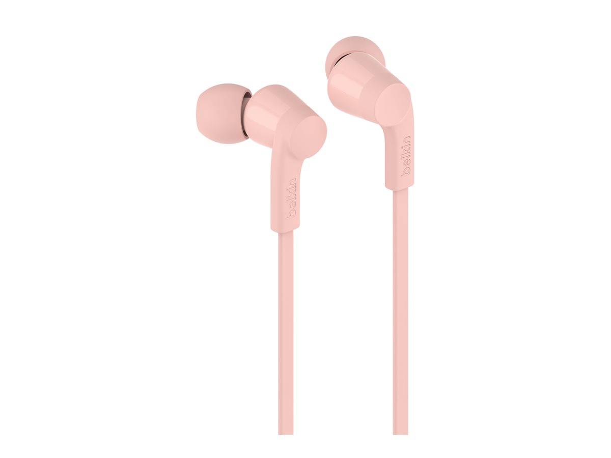 Rosa In-Ear-Kopfhörer mit einem einfachen, schlanken Design und einem verwicklungsfreien flachen Kabel.