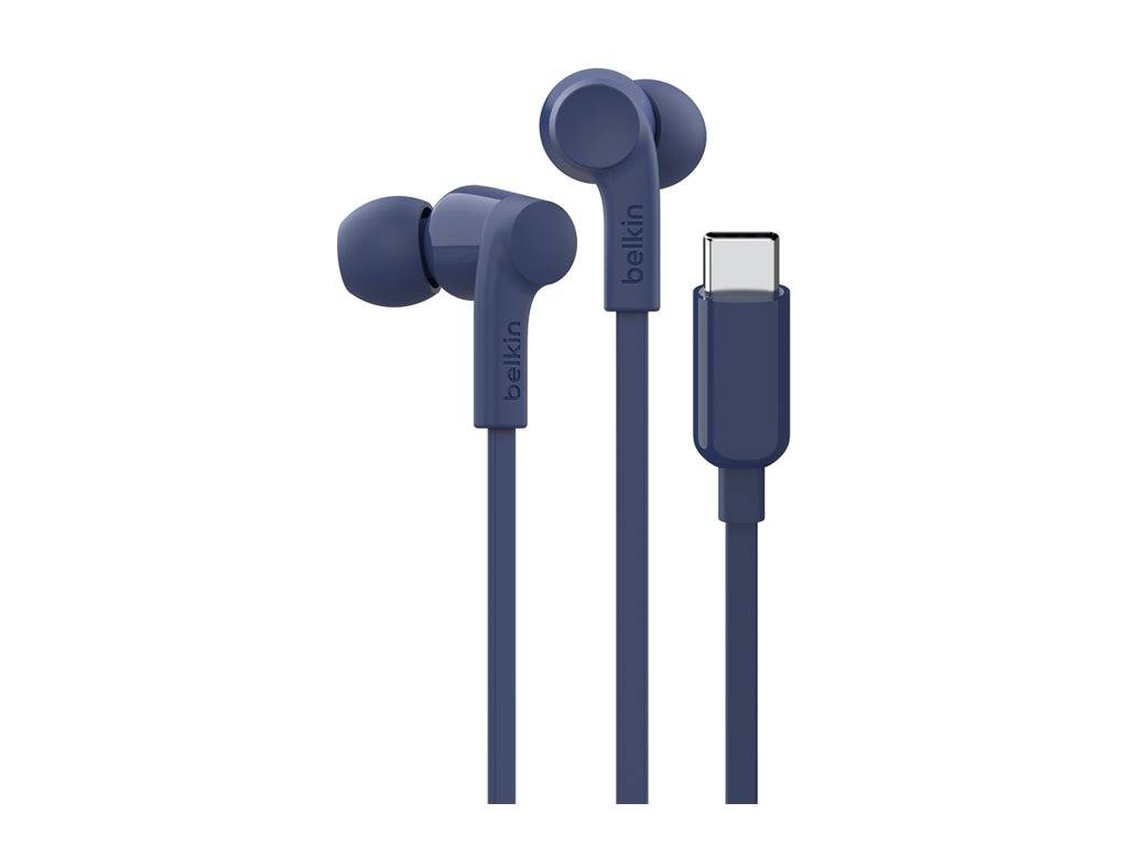 Blaue Belkin In-Ear-Kopfhörer mit USB-C-Anschluss.