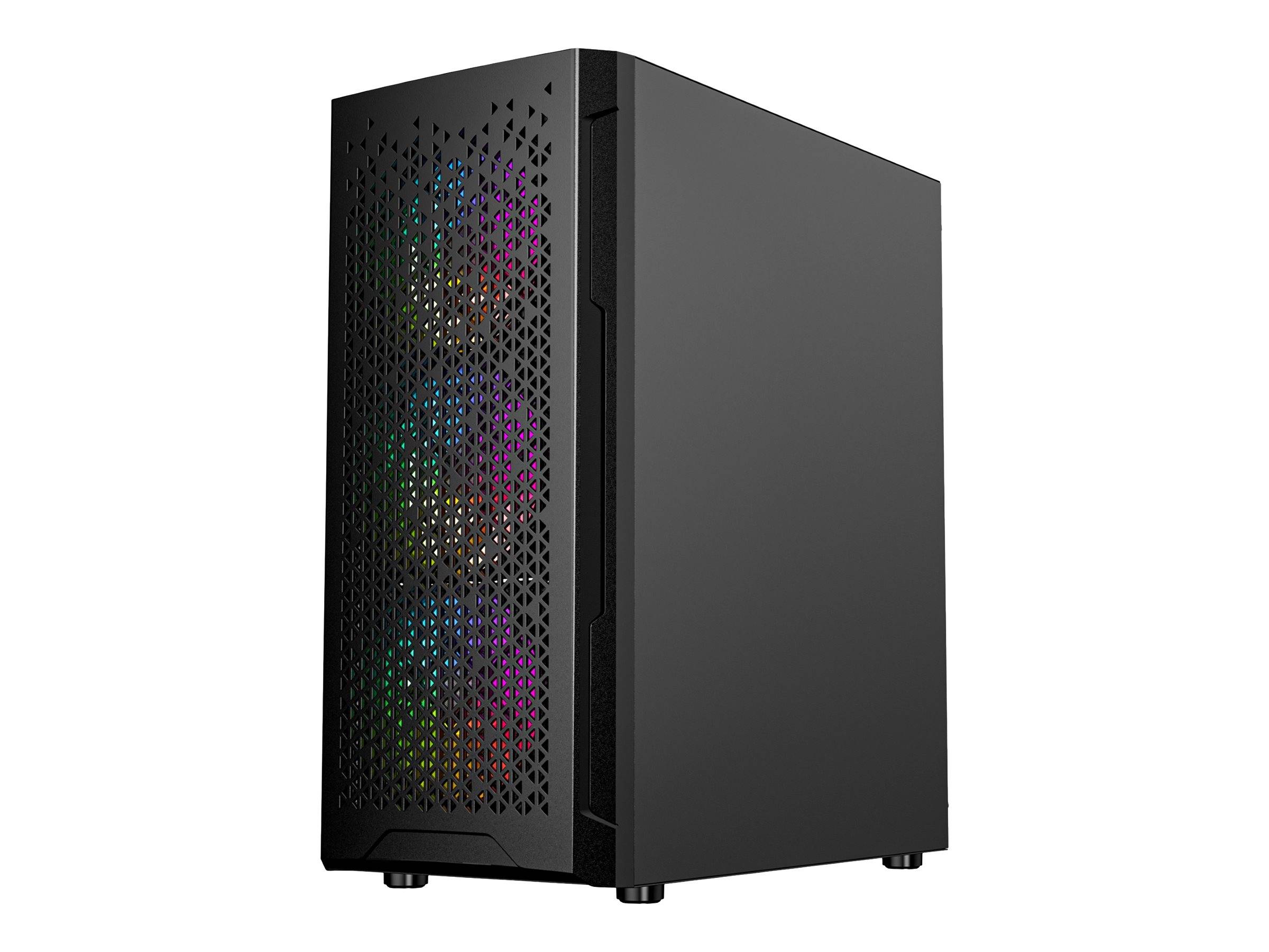 Schwarzes Desktop-PC-Gehäuse mit perforiertem Frontpaneel und sichtbaren RGB-beleuchteten Lüftern hinter dem Gitter.