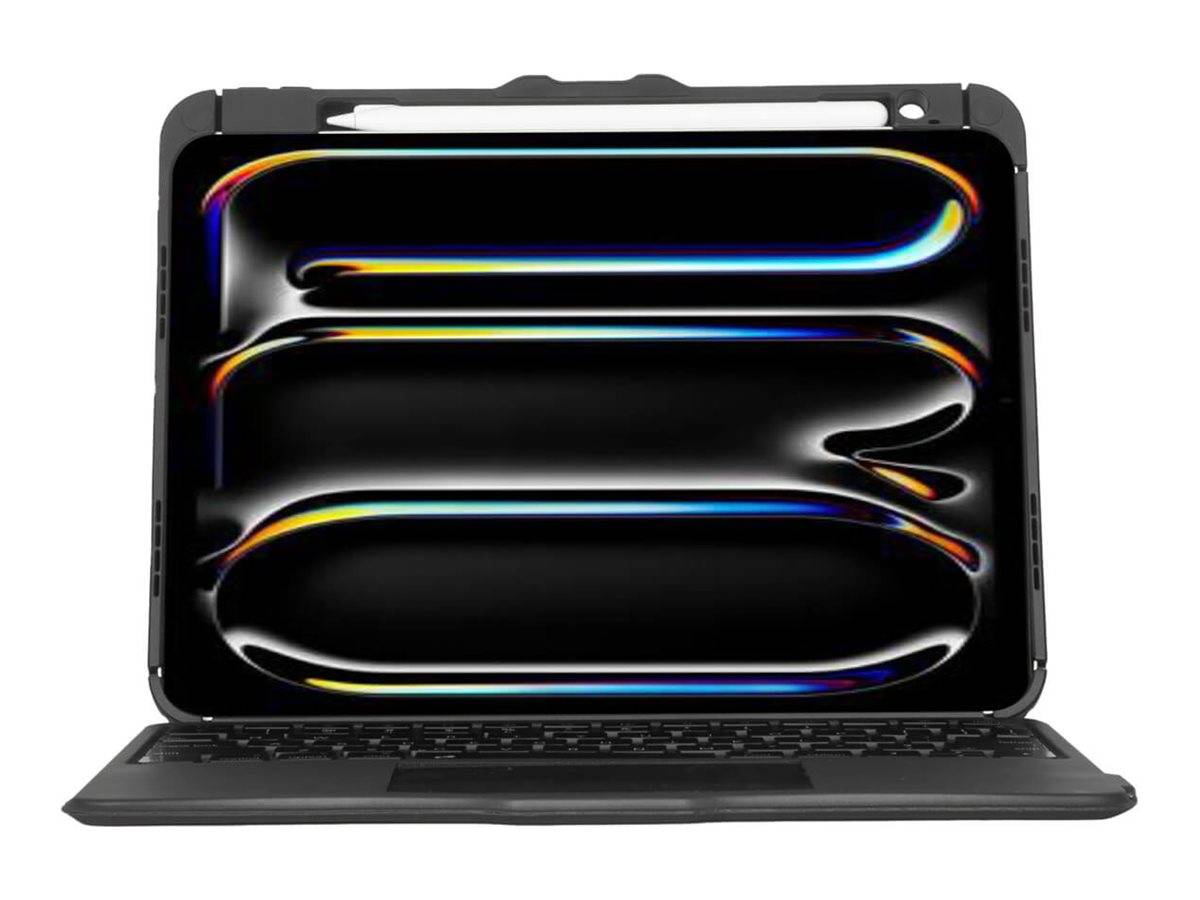 Ein Tablet in einer Tastaturolle mit dunklem abstraktem Hintergrund und drei glänzenden regenbogenfarbig beleuchteten horizontalen Formen.