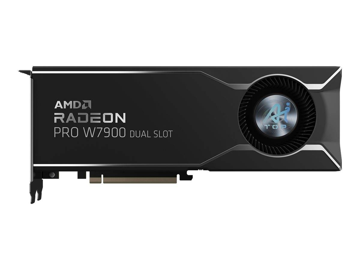 Eine schwarze AMD Radeon Pro W7900 Grafikkarte mit „DUAL SLOT