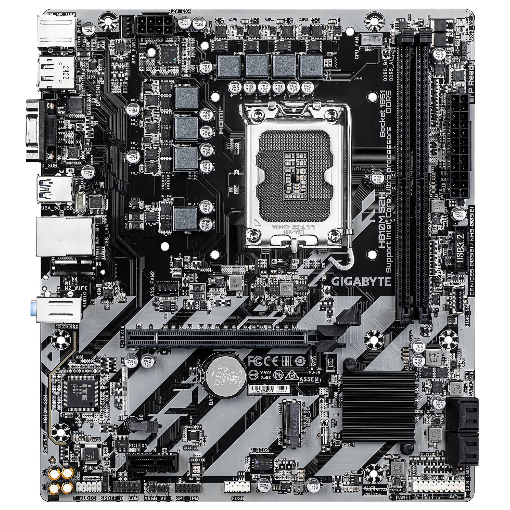 Gigabyte H810M S2H - Motherboard - micro ATX - LGA1851-Sockel - H810 Chipsatz - USB-C 3.2 Gen 1, USB 3.2 Gen 1 - Gigabit LAN - Onboard-Grafik (CPU