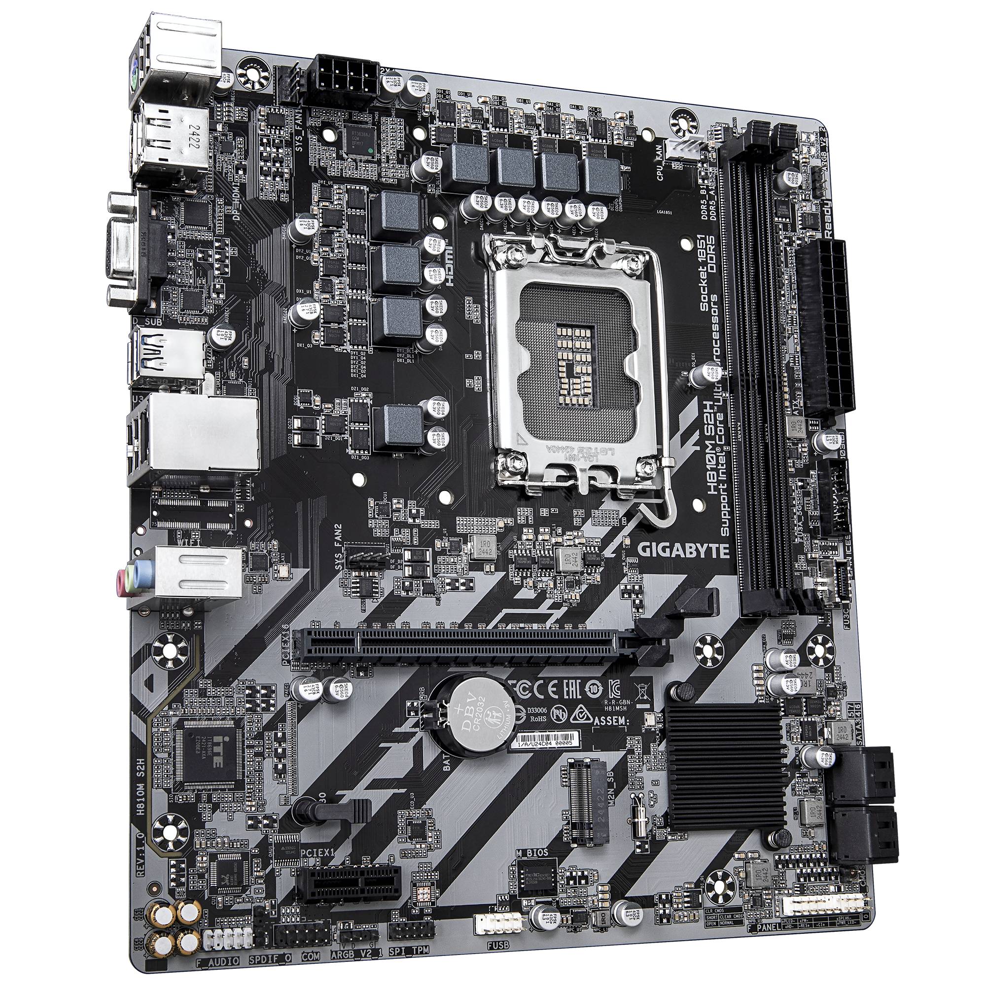 Gigabyte H810M S2H - Motherboard - micro ATX - LGA1851-Sockel - H810 Chipsatz - USB-C 3.2 Gen 1, USB 3.2 Gen 1 - Gigabit LAN - Onboard-Grafik (CPU