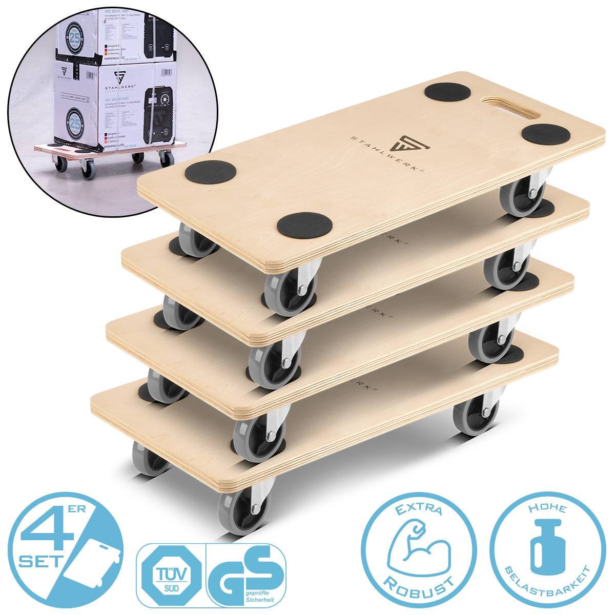 STAHLWERK Rollwagen TRS-250 ST 4er Set 250kg Tragkraft 58 x 29 cm Plattformwagen