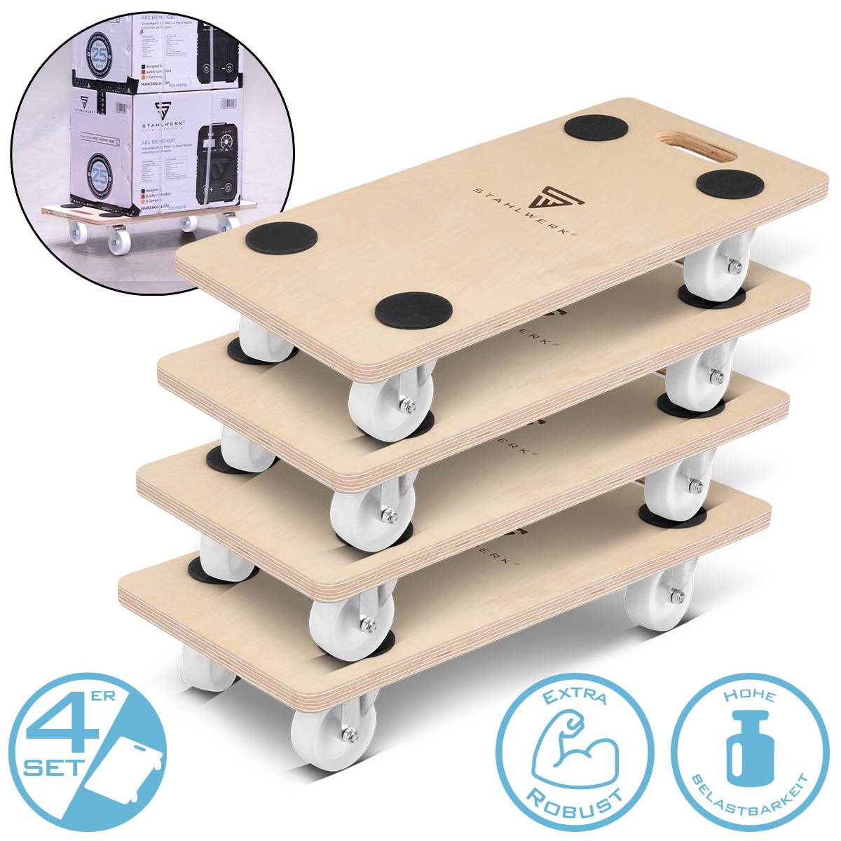 STAHLWERK Rollwagen 4er Set bis 250 kg 58x29 cm Rollbrett Transportroller